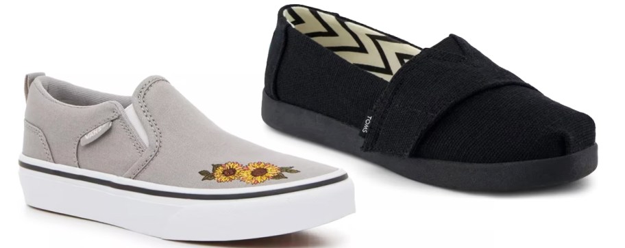 grey vans and black toms sneakers