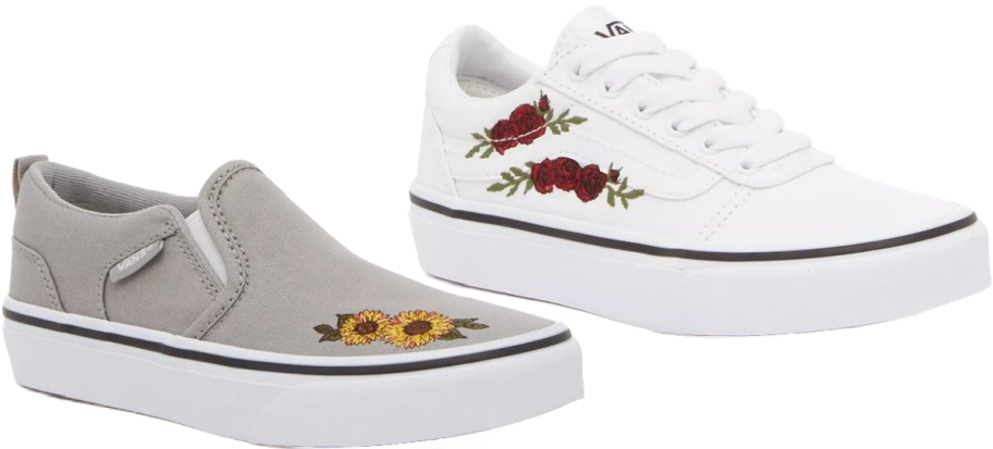 Two Vans shoes; one white lace-up with red rose embroidery and one gray slip-on with yellow sunflower embroidery.