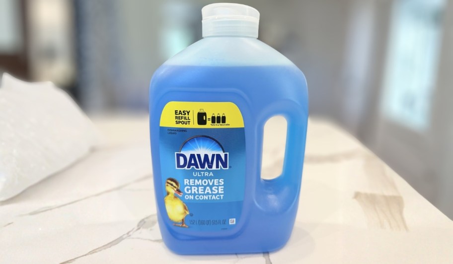 large refill bottle of dawn dish soap sitting on kitchen counter
