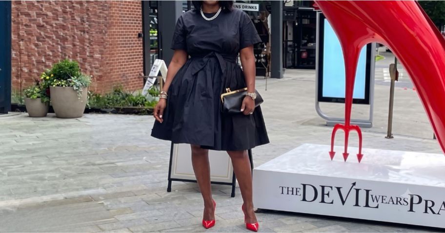 woman wearing Devil Wears Prada Scoop Collection Cotton Tie-Waist Midi Dress