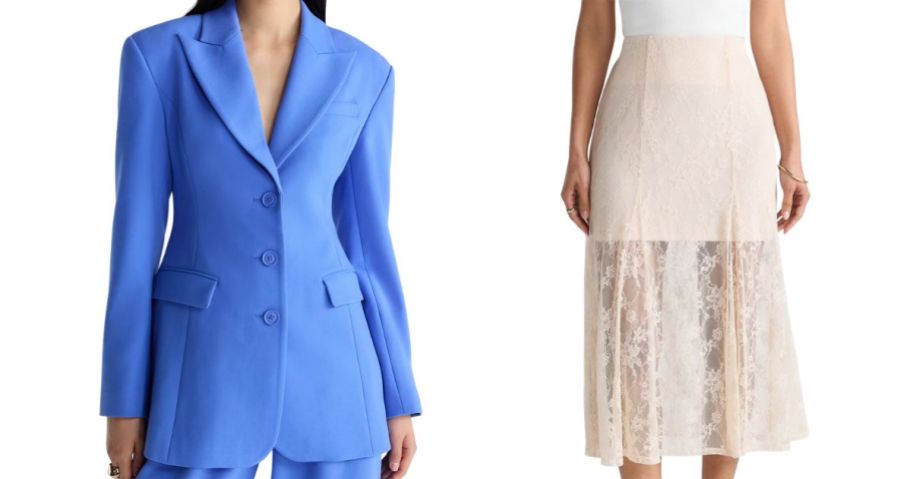 two women wearing Devil Wears Prada Scoop Collection blazer and skirt