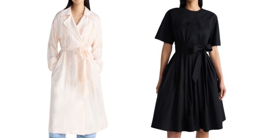 two women wearing Devil Wears Prada Scoop Collection trench coat and dress
