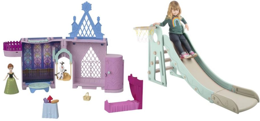 Disney Frozen Storytime Stackers Playset and Hey Play IndoorOutdoor Toddler Slide w Basketball Hoop & Ball