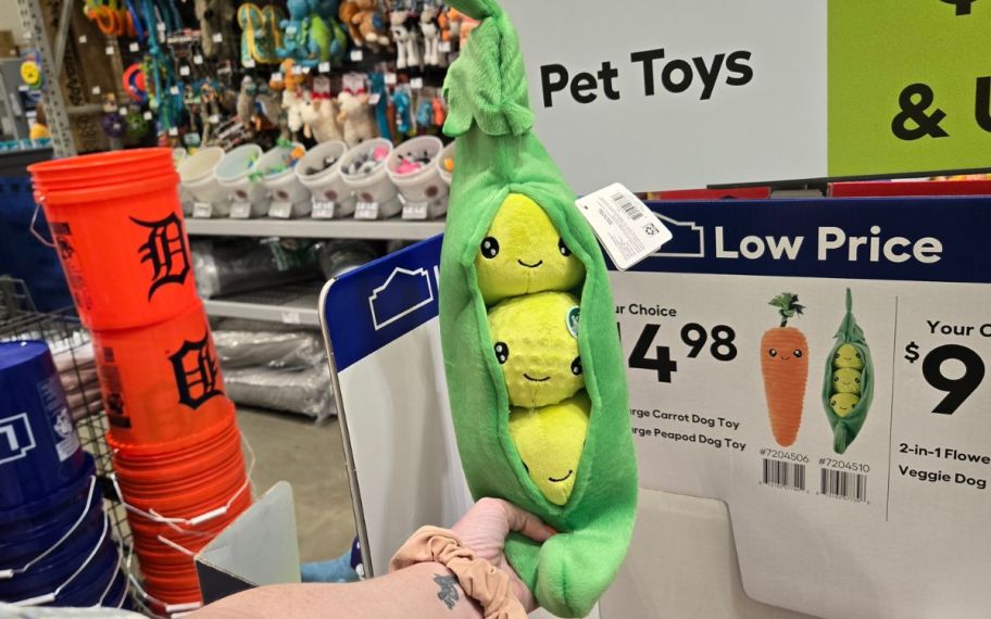 hand holding pea dog toy