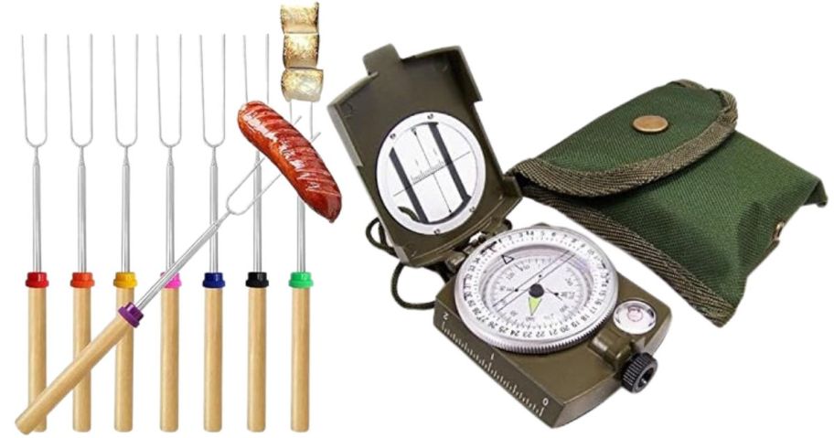 Double Metal Skewer 8-Count and Military Army Compass w Neck Strap Belt Carry Pouch