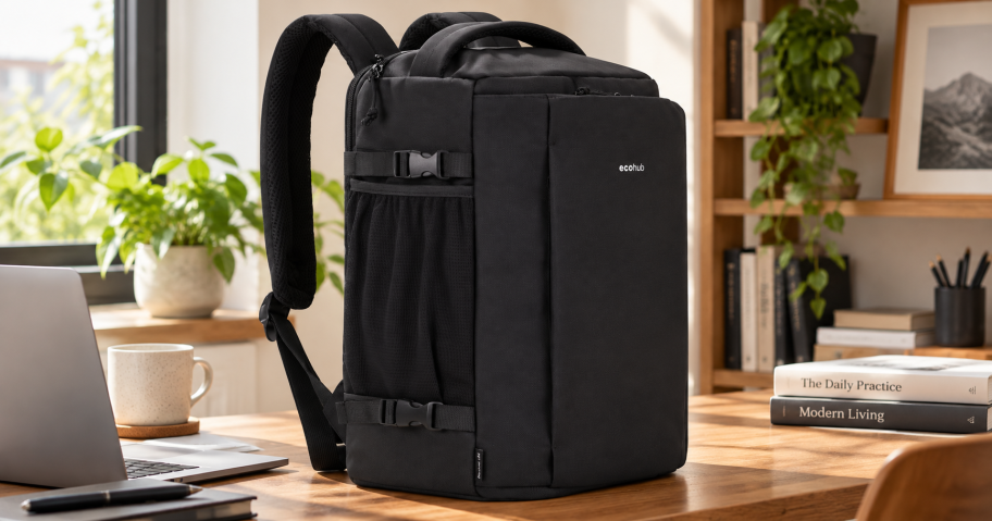Ecohub Backpack sitting on a desk in a home office