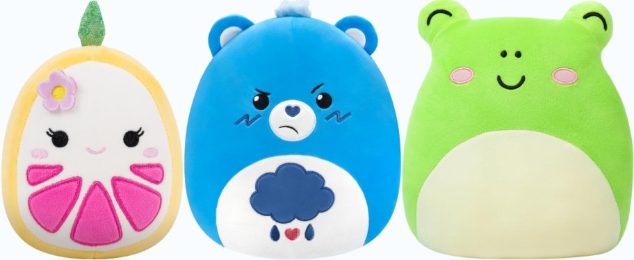 grapefruit, care bear, and frog squishmallows
