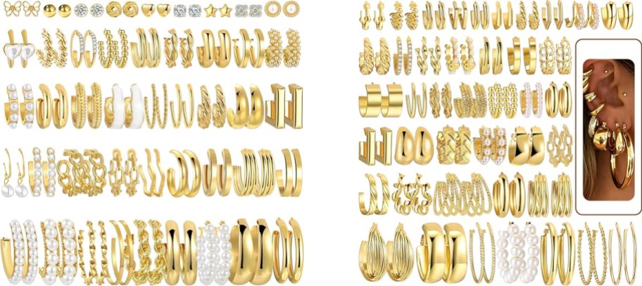 two large sets of gold earrings
