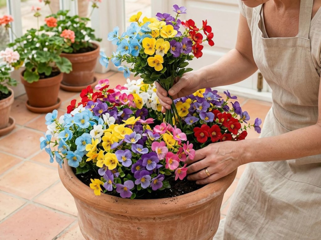 Woman arranging fake flowers in a terra-cotta pot