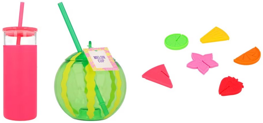 Festive Voice Glass Tumbler with Lid, Melon Cup, Fruit Drink Charms