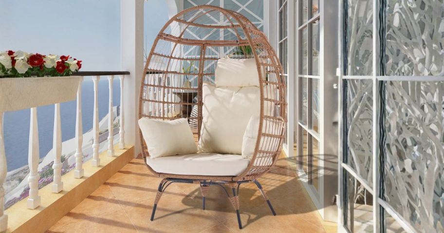 Forclover Outdoor Lounge Chair Egg Chair w Cushioned Seat on balcony