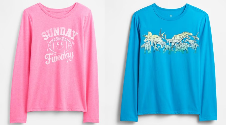 pink and blue long sleeve tops