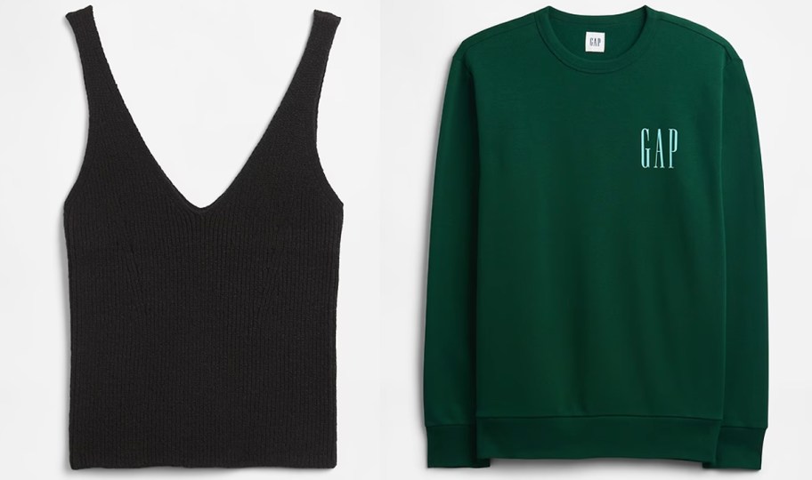 black sweater tank and green sweatshirt