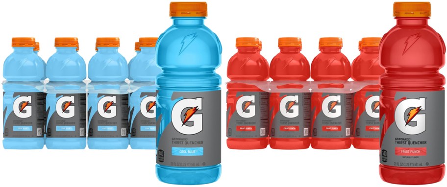 blue and red packs of gatorade bottles