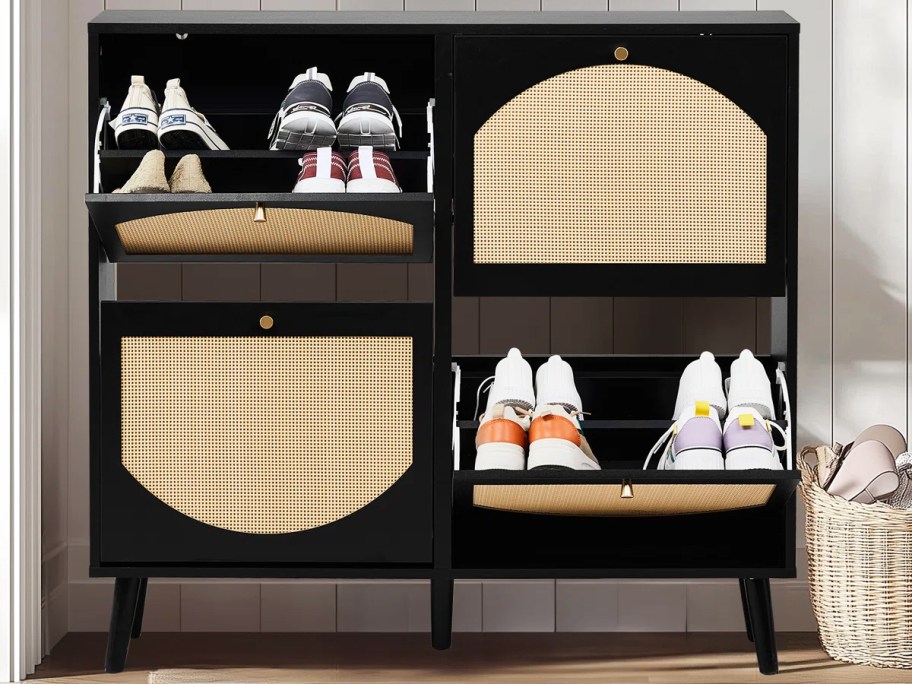 black shoe cabinet with rattan doors