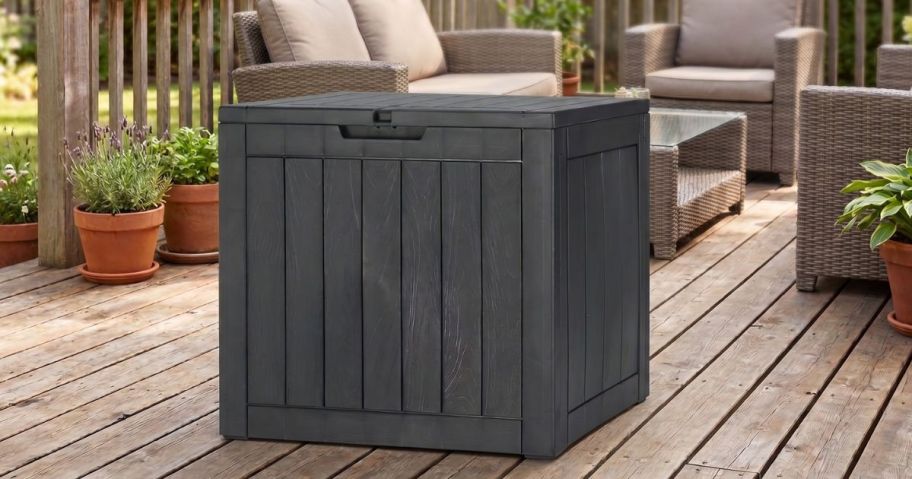 Gianna 31-Gallon Resin Outdoor Deck Box in Black on deck