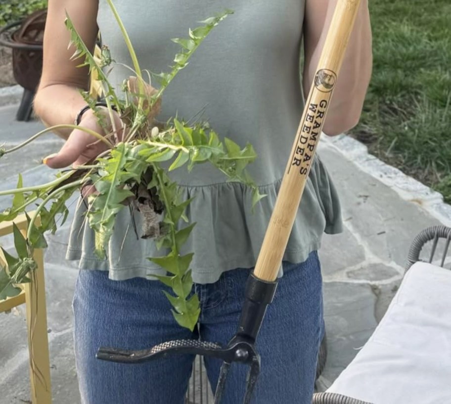 woman holding weed and grandpa's weeder tool