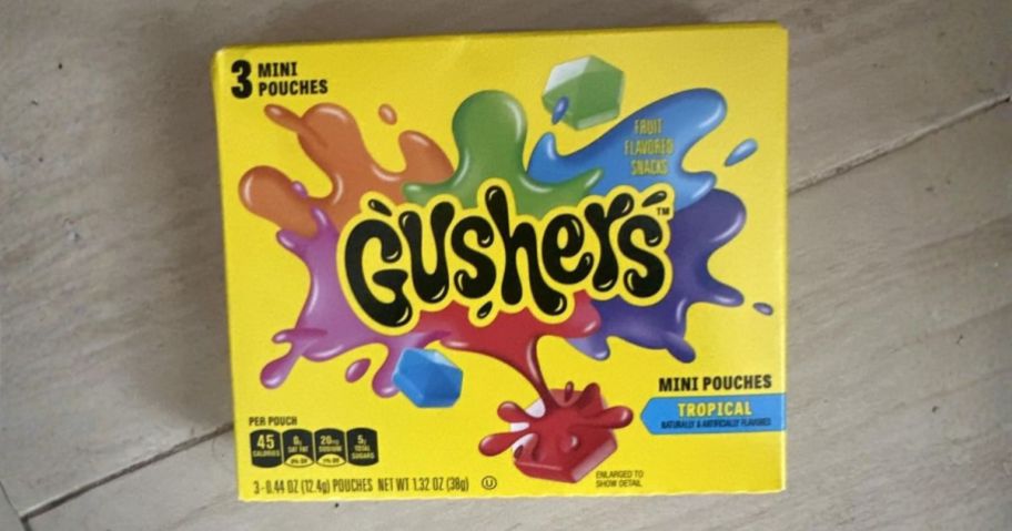Gushers Tropical Fruit Snacks Mini Pouches 3-Pack on counter