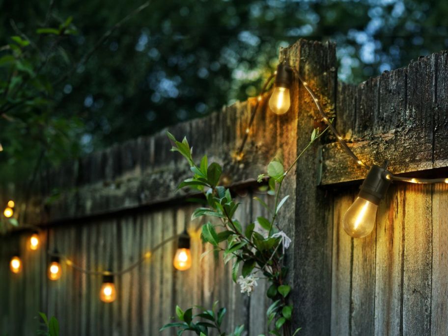 Harbor Breeze 24' Plug-in Black Outdoor String Light w/ 12 LED Edison Bulbs on fence