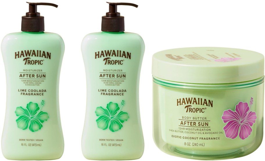 Three Hawaiian Tropic After Sun products are displayed: two lime green moisturizer bottles with pumps and a matching body butter jar with a pink hibiscus design.