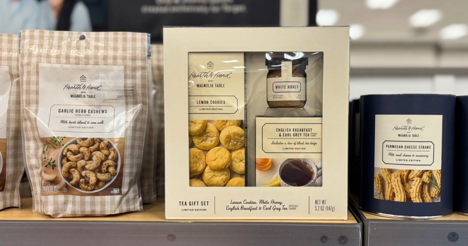 hearth & hand with magnolia table cashews, tea gift set, and parmesan cheese straws