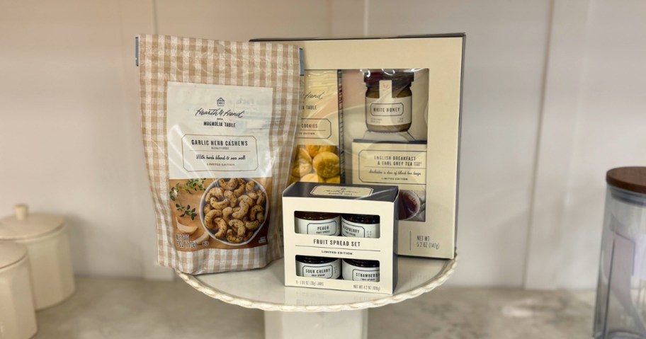 hearth & hand with magnolia table snack foods on pedestal in store