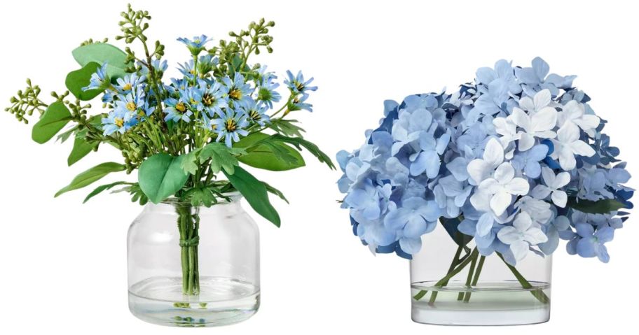 Hearth & Hand with Magnolia Medium Blue Flower & Leaf Arrangement w Vase and Threshold Hydrangea Arrangement w Vase