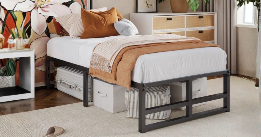 metal bed frame in bedroom