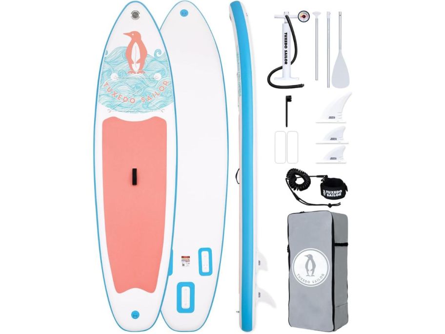 stock image of an inflatable paddle board set