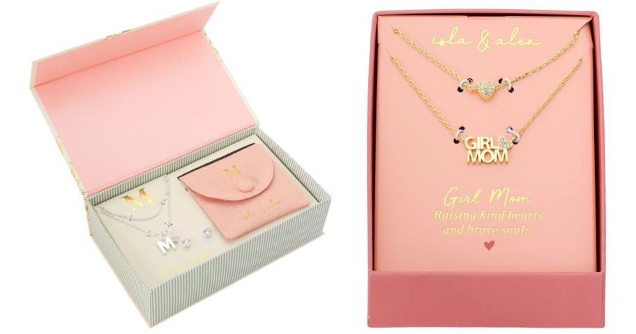 Isla & Alex Fine Silver Plated CZ Initial Pendant Necklace & Earrings Set and CZ Heart Girl Mom 2-Piece Pendant Set
