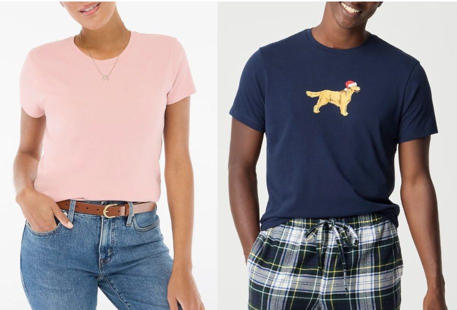 stock images of a woman and a man wearing J.Crew t-shirts