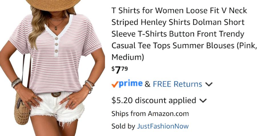 woman wearing striped shirt and hat next to Amazon pricing information