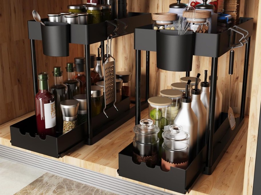 black organizers in a cabinet