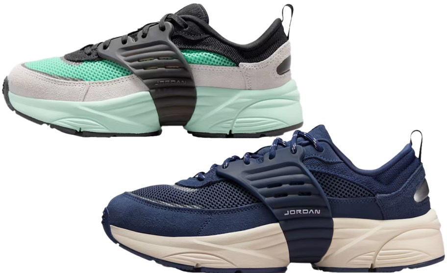 matching green and blue sneakers