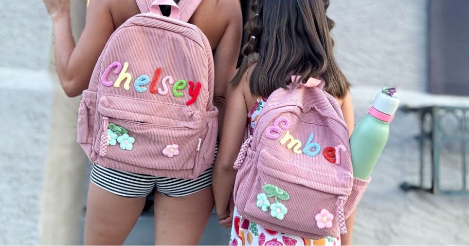 a mom and daughter wearing KEQHAULI Custom Corduroy Backpacks