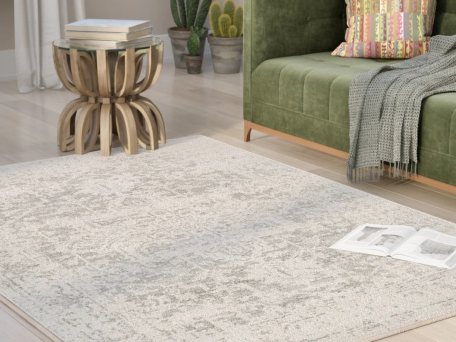 a cream and gray rug on a livingroom floor