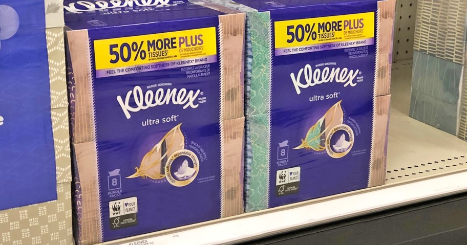 8-count packs of Kleenex Ultra Soft Tissue boxes on store shelf