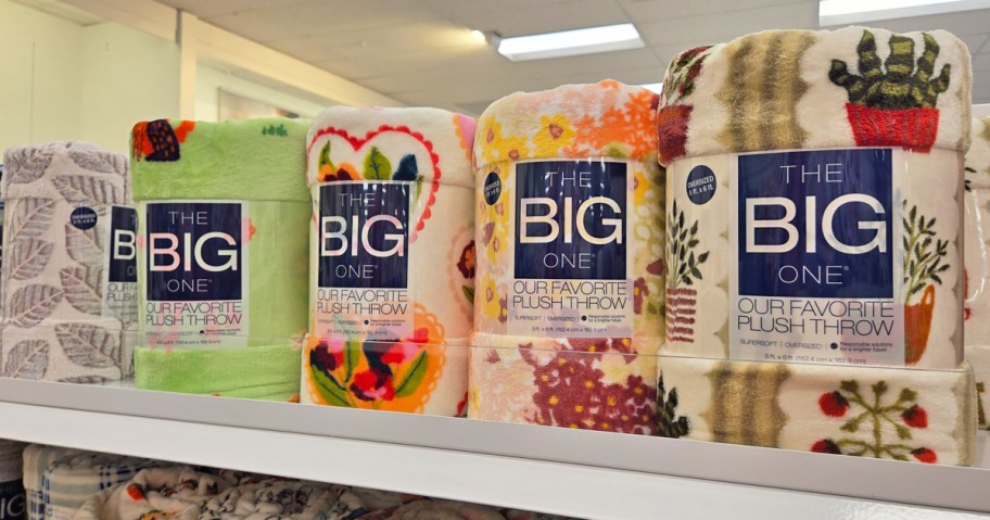 rows of blankets on store shelf
