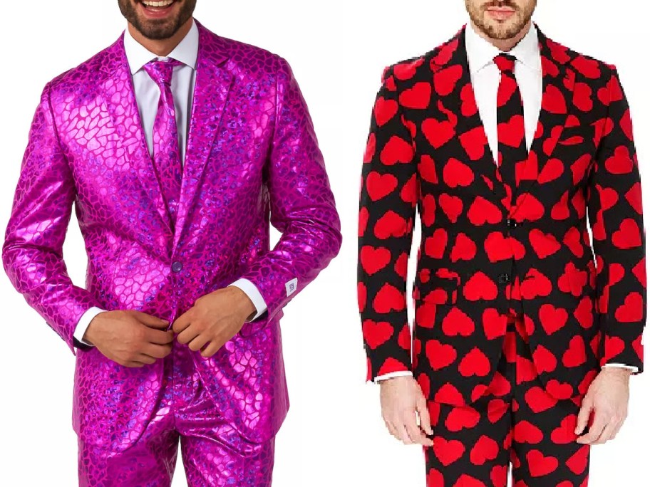 Two men in vibrant, patterned suits. Left: a shiny pink suit with abstract patterns. Right: a black suit with bold red hearts.