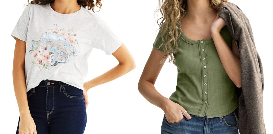 women modeling grey graphic tee and green button down top