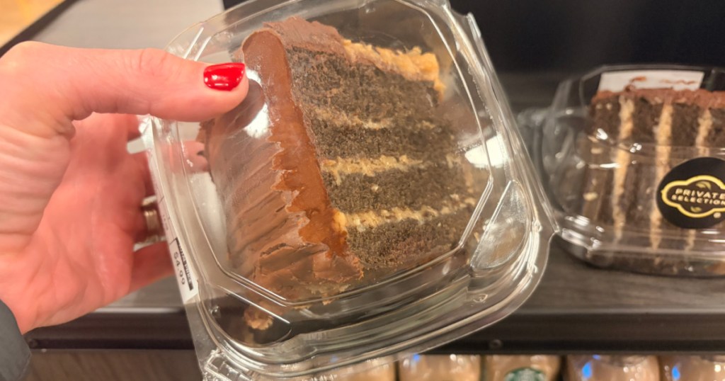 Hand holding chocolate cake in Kroger store