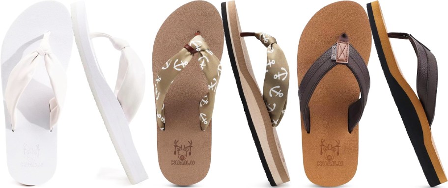 three pairs of white, gold, and brown flip flops in a row