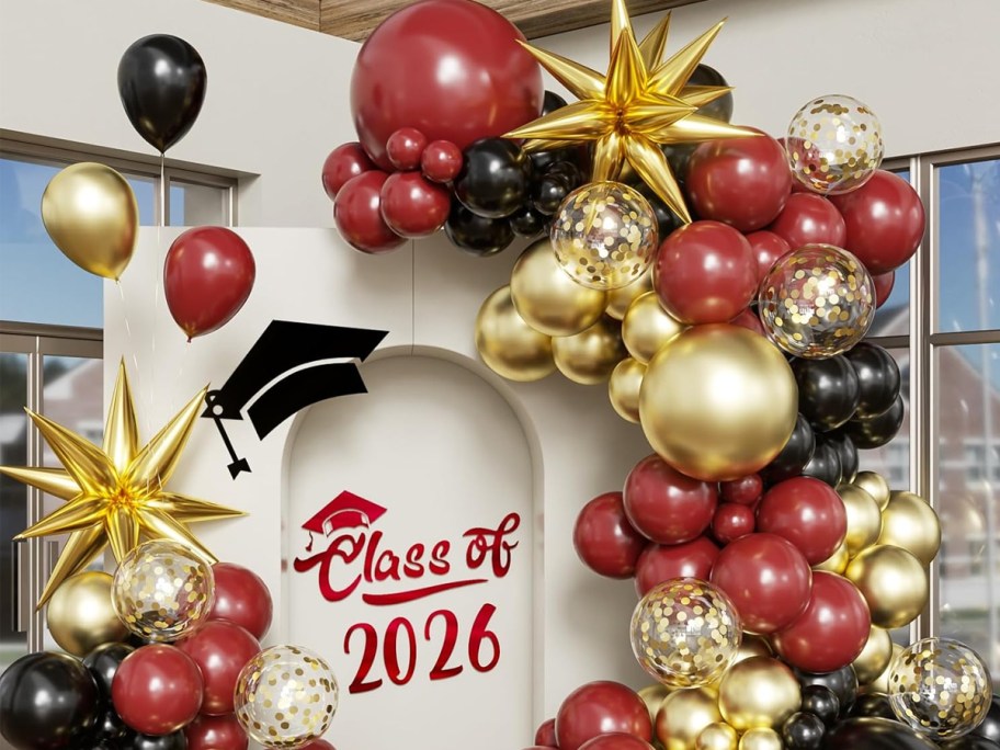 gold, red, and black balloon arch kit