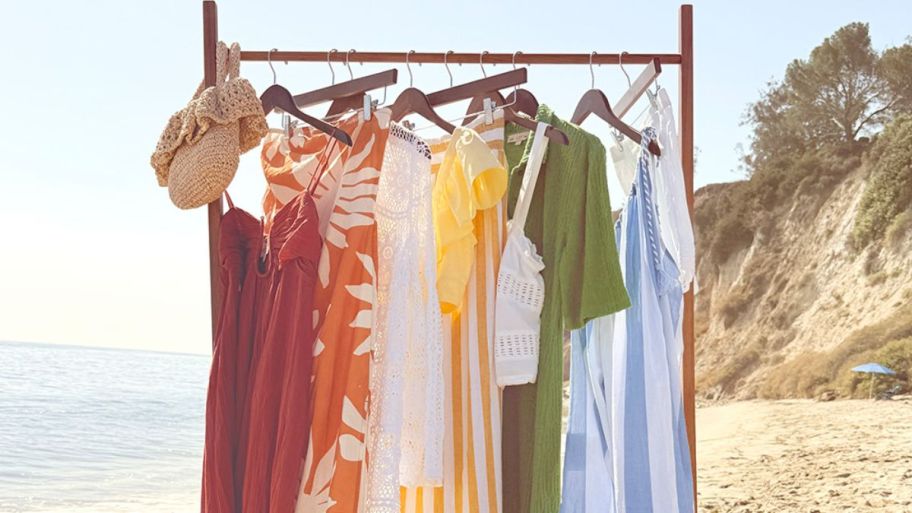 Clothing rack with loft clothing on it 