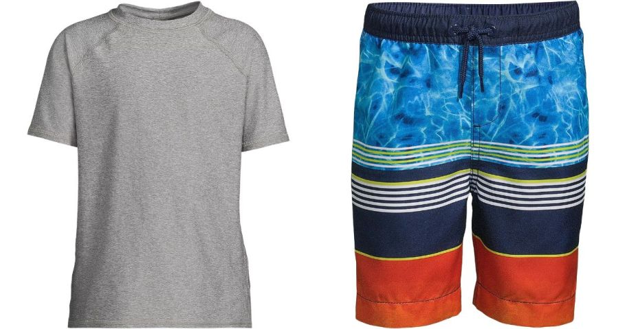 Lands' End Boys Chlorine Resistant Short Sleeve Crew Neck UPF 50 Rash Guard and Printed Bali Swim Trunks