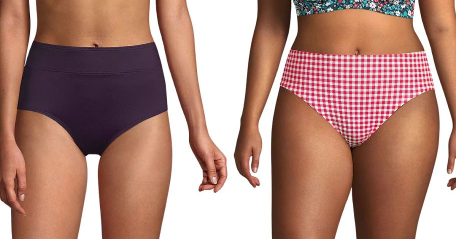 Two women wearing Lands' End Women's High Waist Bikini Bottoms and Plus Size Chlorine Resistant Reversible Mid Waist Bikini Bottoms