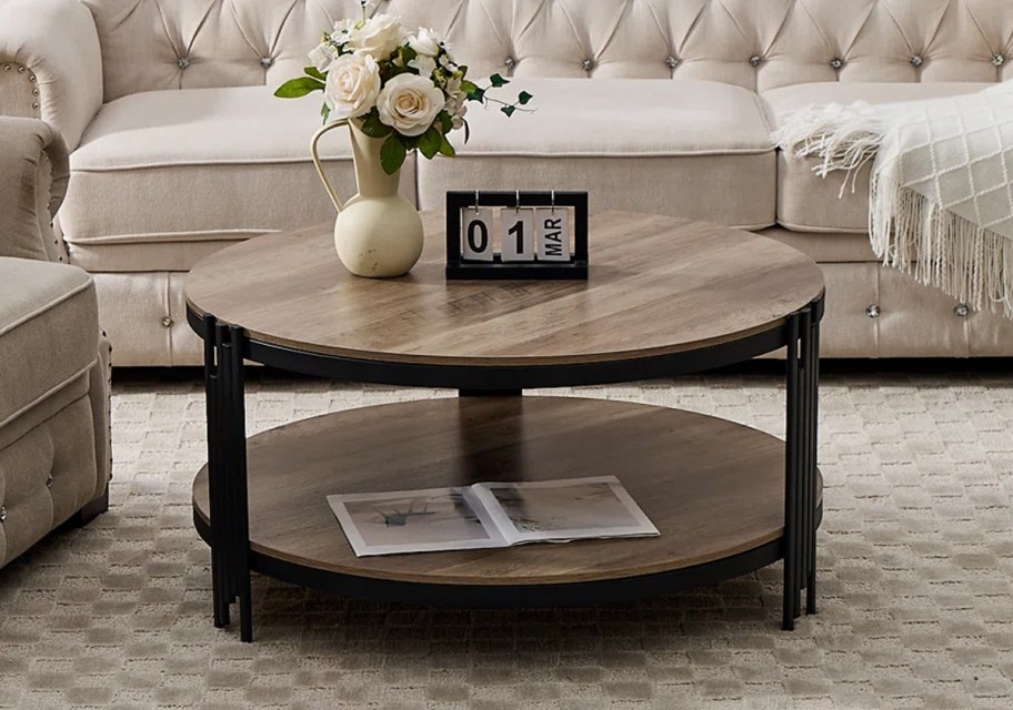 Latitude Run 35.4 Round Double-Layer Wooden Coffee Table with Storage