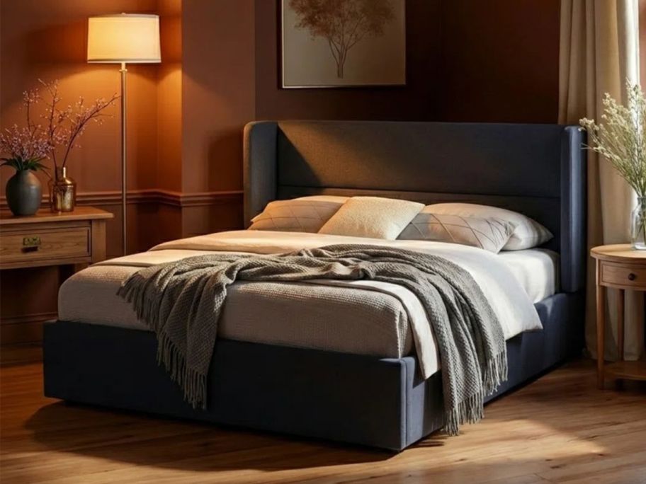 Latitude Run Gaillarde Hydraulic Lift Up Storage Upholstered Platform Bed in bedroom