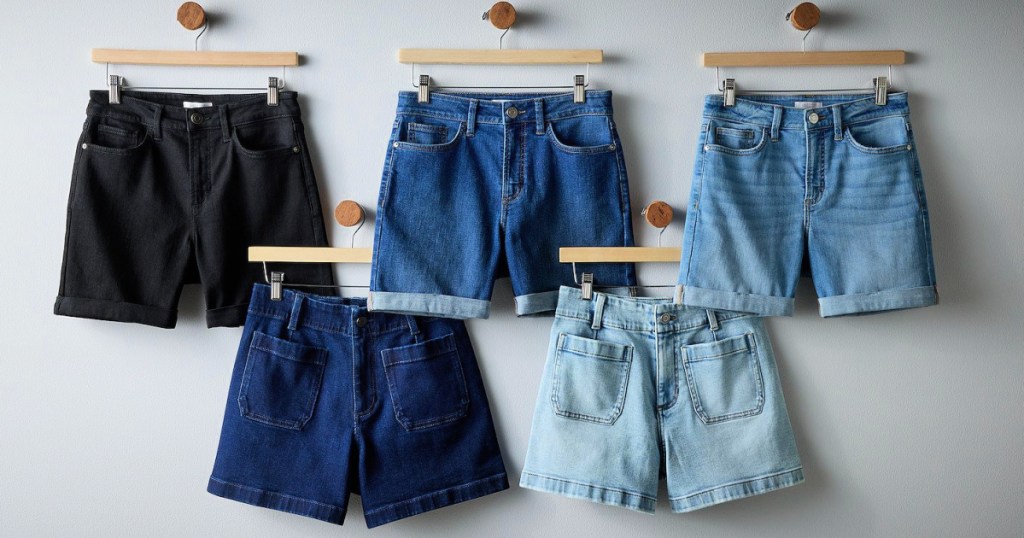 Lauren Conrad denim shorts hanging on hangers