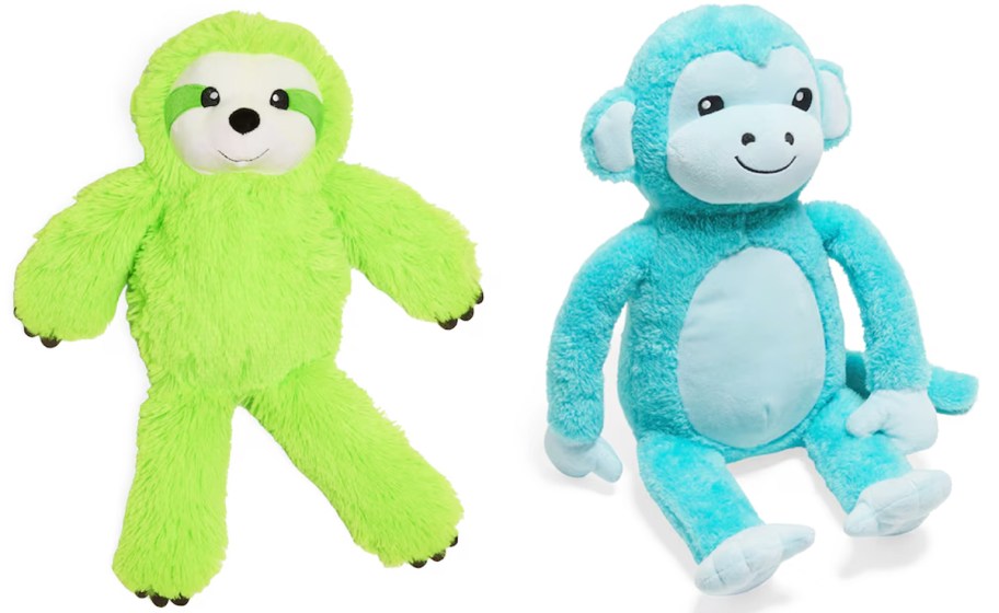 green sloth and blue money dog toys